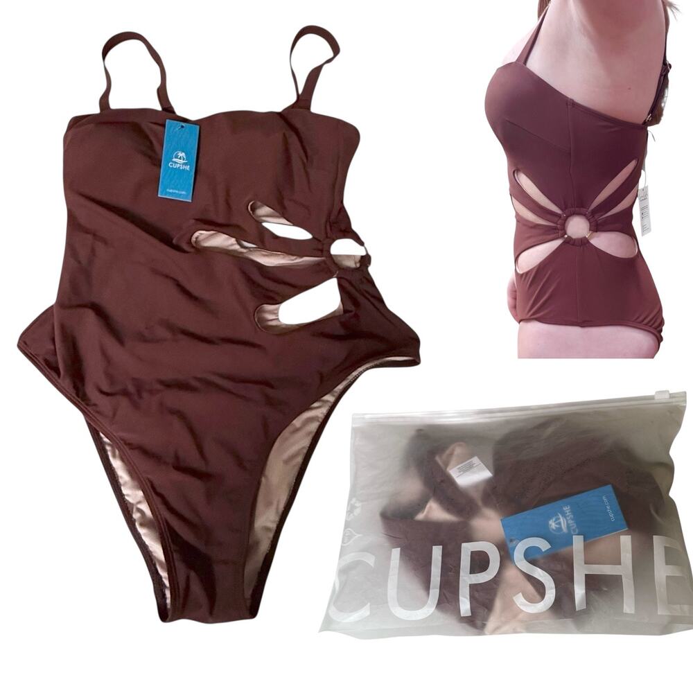 NEW Cupshe SWIMSUIT Women's MED Brown Square Neck Petal Cutout One PC Swimsuit